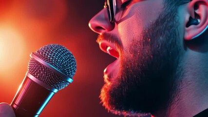 Poster - Male singer performing passionately with microphone, illuminated by warm stage lights, creating intense emotional atmosphere during live music event