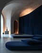 © Nichapa - Midnight Blue Suede Curtain in Tech-Integrated Sanctuary with wall-integrated control panels and mood-responsive system Sensory Tech Minimalism with Velvet Textures Ambient Intelligence Interior