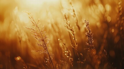 Wall Mural - golden, sunlit field with grass and dew