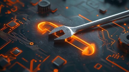 Poster - Close-up view of a glowing wrench on a circuit board.