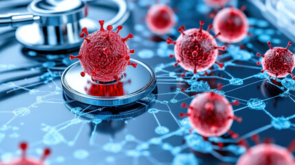 Poster - Red virus models on reflective surface with stethoscope symbolize global health and healthcare systems. interconnected network background suggests medical research and technology