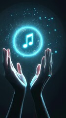 Poster - Light particles and luminous aura surround a bright musical note symbol floating above open hands against a dark background, symbolizing music creation, inspiration, and performance