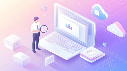 Poster - Modern laptop with data analysis illustration.