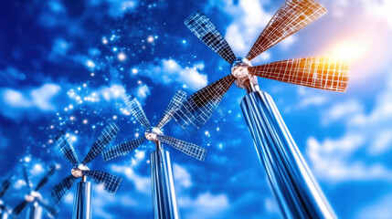 Aufkleber - Futuristic wind turbines with solar panels against vibrant blue sky symbolize renewable energy and innovation. image conveys sense of sustainability and technological advancement