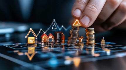 Poster - Hand stacks coins on digital interface displaying miniature buildings and financial graphs, symbolizing investment and economic growth. scene conveys innovation and strategic planning