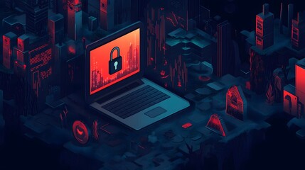 Poster - Digital security risks depicted in a complex cityscape.