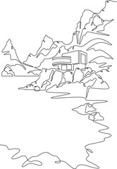 Poster - continuous one line drawing house on the lake shore.mountain lake.house by the water.vertical pictur