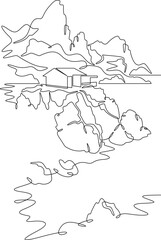 Poster - continuous one line drawing house on the lake shore.mountain lake.house by the water.vertical pictur