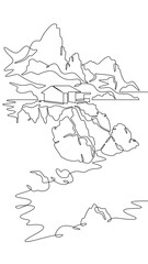 Poster - continuous one line drawing house on the lake shore.mountain lake.house by the water.vertical pictur