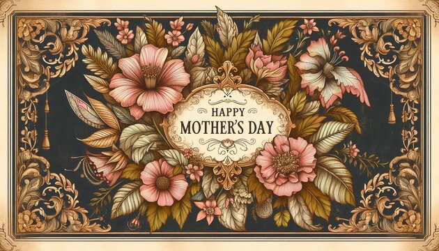 Retro vintage Mother's Day card with hand-drawn botanical elements, intricate flowers and ornate gold frame