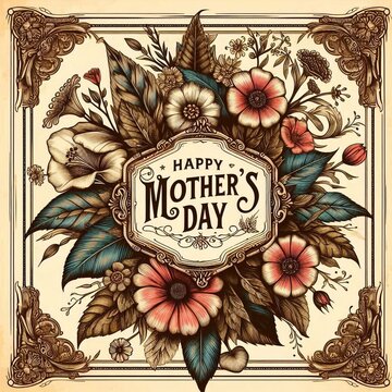 Retro vintage Mother's Day card with hand-drawn botanical elements, intricate flowers and ornate gold frame
