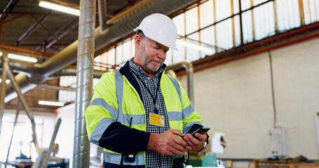 Aufkleber - Phone, man and engineer in warehouse for construction, building or message for development. Technology, work and mature supervisor in factory for manufacturing, production or check stock in industry