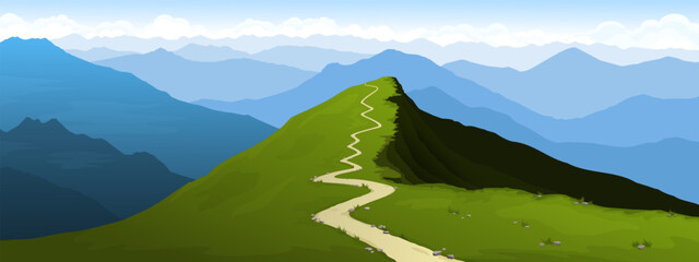 Wall Mural - vector illustration of a mountain peak with hiking trail in summer.
