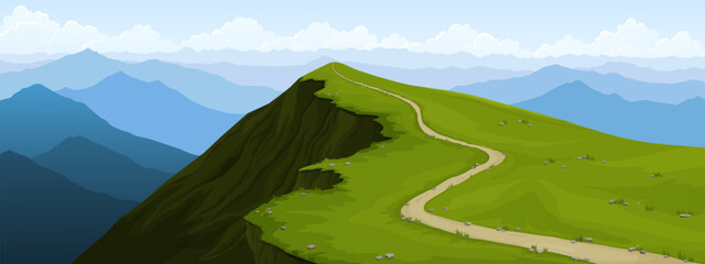 Wall Mural - vector illustration of a mountain landscape with a narrow hiking trail leading to the summit.