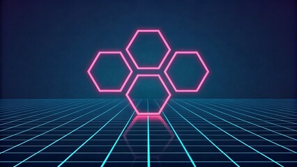 Poster - Neon pink hexagons on a blue grid with a starry background in a retro futuristic style scene