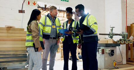 Poster - Team, clipboard and tablet in factory for timber distribution, inspection and people with schedule for warehouse. Woodwork supplier, lumber or planks with group for quality check, inventory or stock