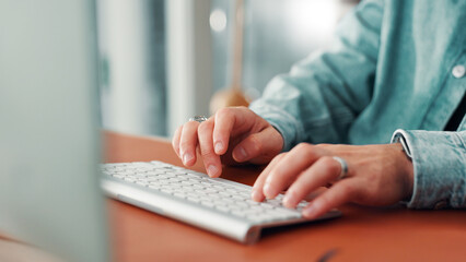 Fototapete - Hands, keyboard and typing with person in office, story draft or article writing with research. Closeup, computer and copywriting, review writer at desk or email feedback with employee in publishing