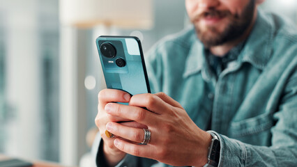 Fototapete - Hands, business person and typing on phone with internet connection for networking, communication or email. Employee, man and technology for social media, search and message with online platform