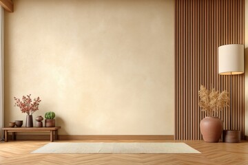 Poster - Minimalist room interior with neutral tones, wooden accents, decorative vases, and natural light creating a calm, serene atmosphere.