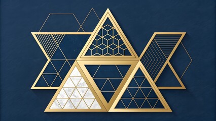 Aufkleber - Golden triangles and hexagons arranged on a dark blue background creating an abstract geometric design
