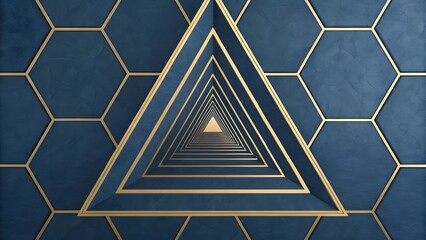 Aufkleber - Geometric pattern with blue hexagons and a triangular tunnel with golden outlines creating depth