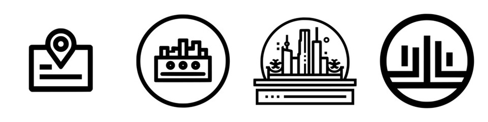 Poster - Vector illustration icons featuring location markers, urban landscapes, and abstract designs for graphic applications and digital platforms