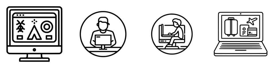 Fototapete - Vector illustration icons representing various digital activities like travel planning, remote work, and online interaction
