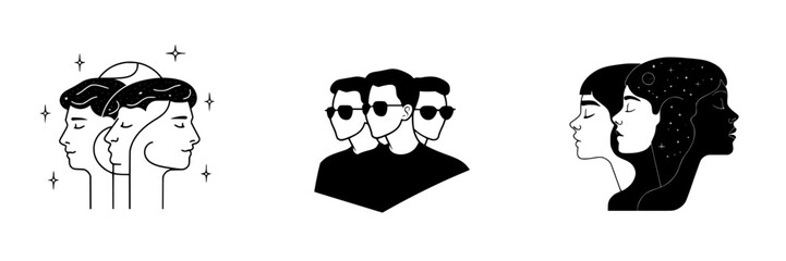 Poster - Vector illustration icons representing diverse human profiles and expressions reflecting unity, friendship, and individuality in a minimalist design