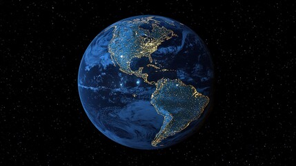 Poster - 3D Earth globe, showing a night-time view with city lights sparkling across the continents, and distant stars filling the space around it