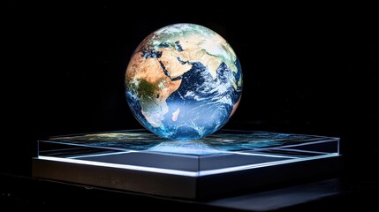 Poster - 3D Earth model with a holographic display, highlighting the atmosphere, landforms, and oceans in sharp detail with an ambient light effect.