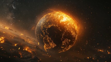 Poster - 3D Earth model with a glowing atmosphere, rotating slowly, highlighting the major continents and oceans, surrounded by a vast starry sky