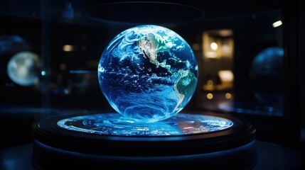 Poster - 3D Earth model with a holographic display, highlighting the atmosphere, landforms, and oceans in sharp detail with an ambient light effect.