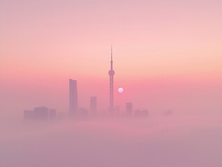 Poster - Pink Sunrise City Skyline in Fog