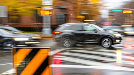 Poster - honking cars, flashing signs, and noise in urban chaos