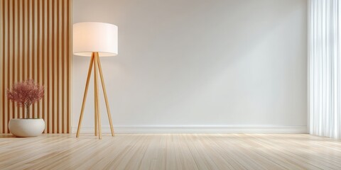 Poster - Minimalist living room with a floor lamp, potted plant, wooden floor, and natural light from a window.