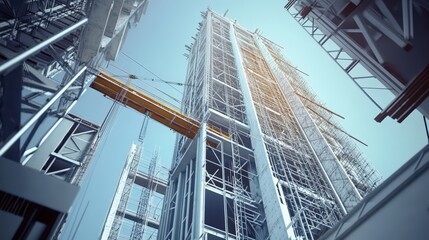 Poster - 3D rendering of a skyscraper under construction, with beams, cranes, and scaffolding shown in intricate detail.