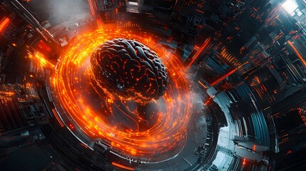 Poster - A futuristic depiction of a brain surrounded by fiery energy.
