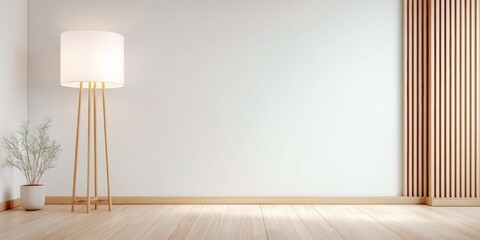 Poster - Minimalist living room with a floor lamp, potted plant, wooden floor, and modern vertical slats on a white wall.