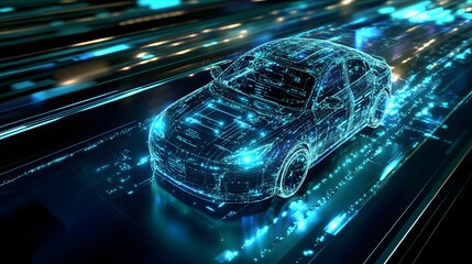 Poster - Futuristic vehicle on a digital highway rendered in glowing lines.