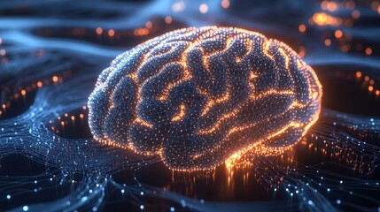 Poster - 3D wireframe model of a human brain, with neural connections illuminated to show the complex structure of thought processes
