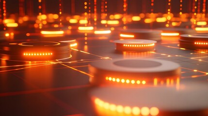 Poster - Abstract design of glowing circular objects on a dark surface.