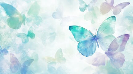 Poster - A beautiful butterfly background with softly patterned butterflies, each wing delicately textured with shades of soft blue, green, and purple.