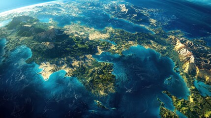 Poster - Earth map from space showing the planets vast oceans, lush rainforests, and dry deserts, with sunlight casting shadows over the diverse landscapes.