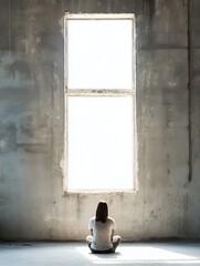 Poster - A young woman sits cross-legged on the floor of a bare, unfinished room, gazing out a large window at a bright, unseen view. : Generative AI