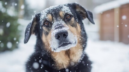 Poster - A black and tan dog, covered in snowflakes, looks directly at the camera in a snowy winter scene.  Its fur is thick and its expression is curious and slightly amused. : Generative AI