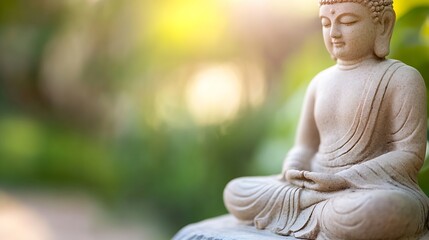 Aufkleber - Serene Buddha statue meditating in a peaceful garden setting, bathed in soft sunlight, conveying tranquility and spiritual enlightenment. : Generative AI