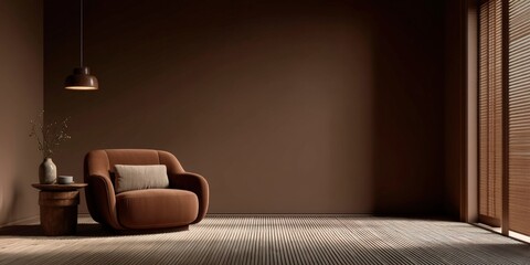 Poster - Minimalist living room with a brown armchair, side table, pendant lamp, and natural light from wooden blinds.