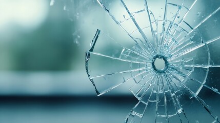 Leinwandbilder - Close-up view of shattered glass with a central hole, showing radial cracks and sharp fragments against a blurred teal background. : Generative AI