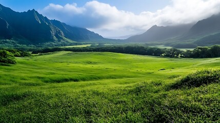 Aufkleber - Serene landscape showcasing a vibrant green pasture nestled between majestic, dark mountains under a partly cloudy sky.  The scene evokes tranquility and natural beauty. : Generative AI
