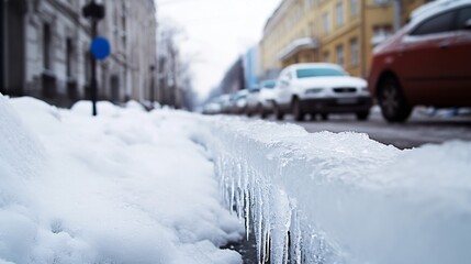 Aufkleber - Icy curb with icicles hanging down, winter city street scene, blurred cars and buildings in background, snow on ground. : Generative AI
